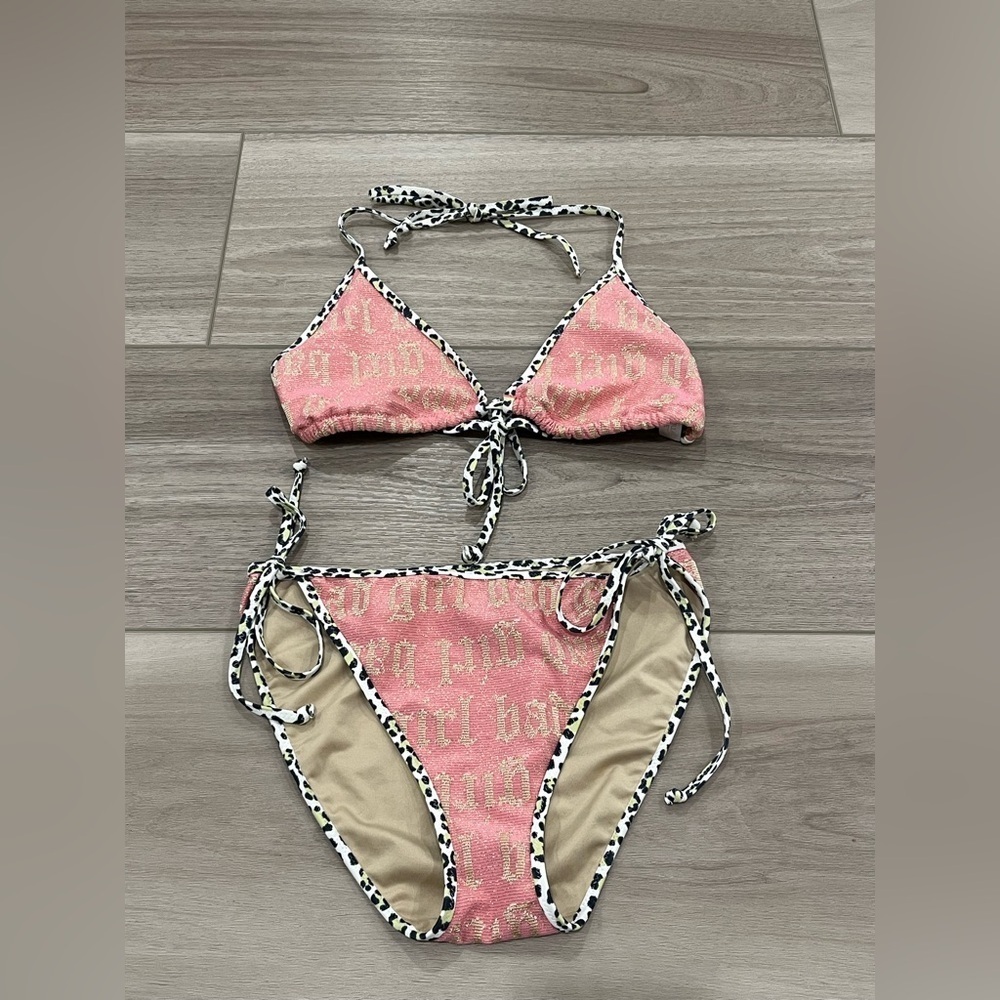 Victorias Secret Metallic "Bad Girl" Leopard Trim Bikini Top & Bottoms M Rare